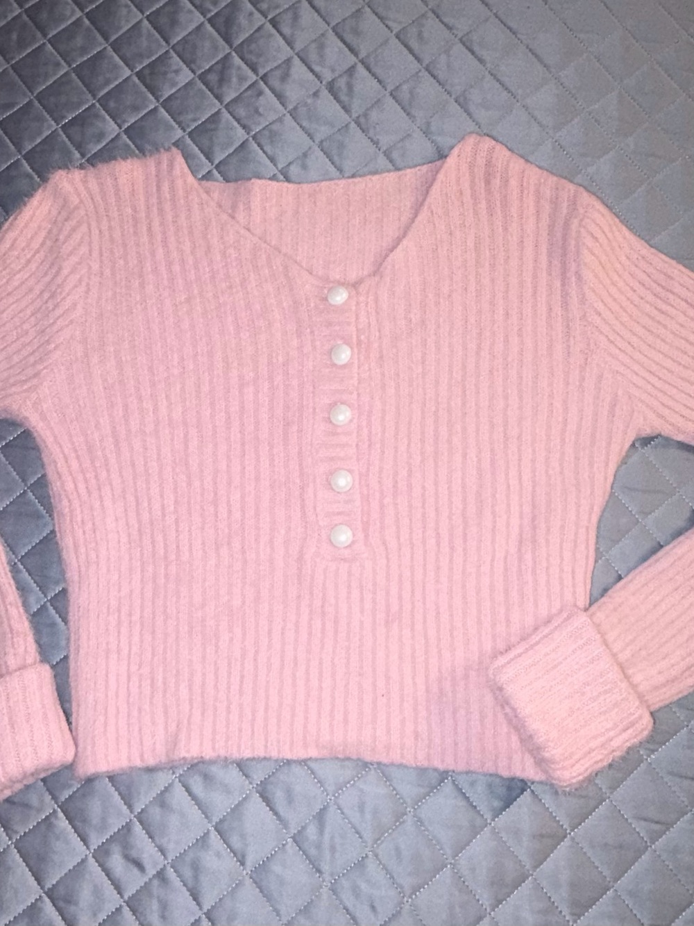 Women’s Ribbed Baby Pink Button-Front Sweater